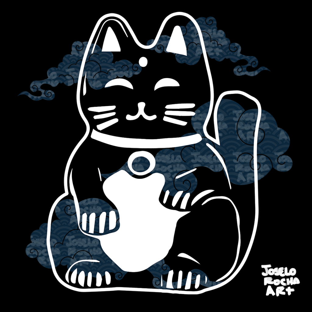 Japanese Good Luck Cat with clouds drawing by Joselo Rocha | Doodle Addicts