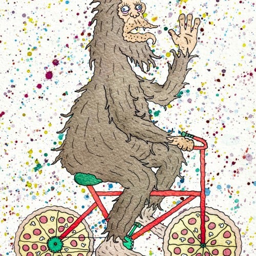 Bigfoot on a pizza bike