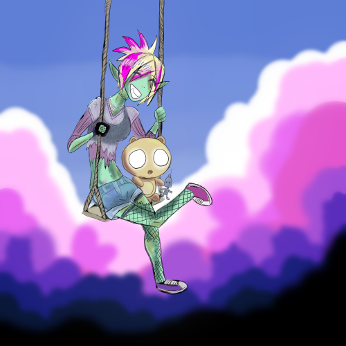 Orkinia and Chubbs riding the Sky Swing