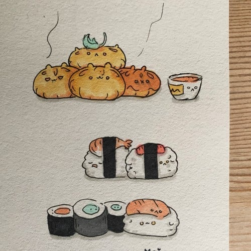 Cute kawaii sushi and bao dumplings doodle