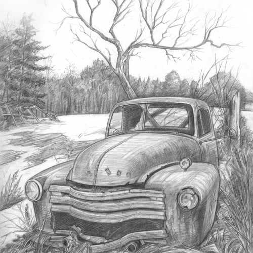 A graphic sketch depicting an abandoned car